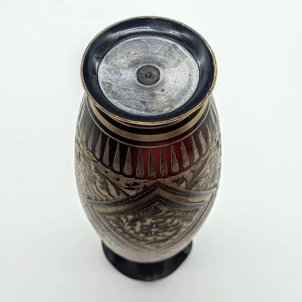 Handmade Fluted Rim Floral Geometric Etched Brass Vase